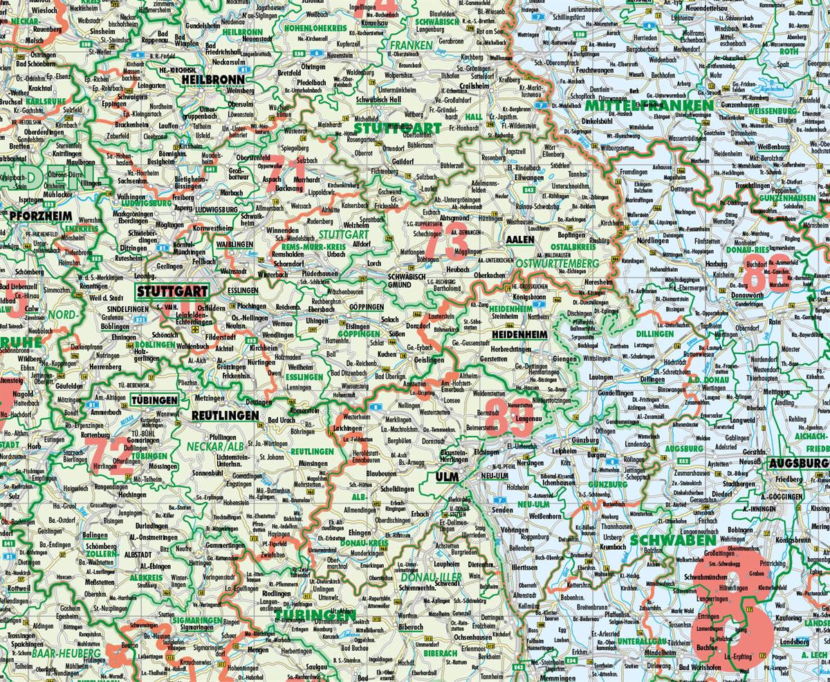Ausschnitt einer Organisationskarte mit grünen Verwaltungsgrenzen und farbig hinterlegten Leitregionen als Ordnungsrahmen für eigene Gebietsstrukturen