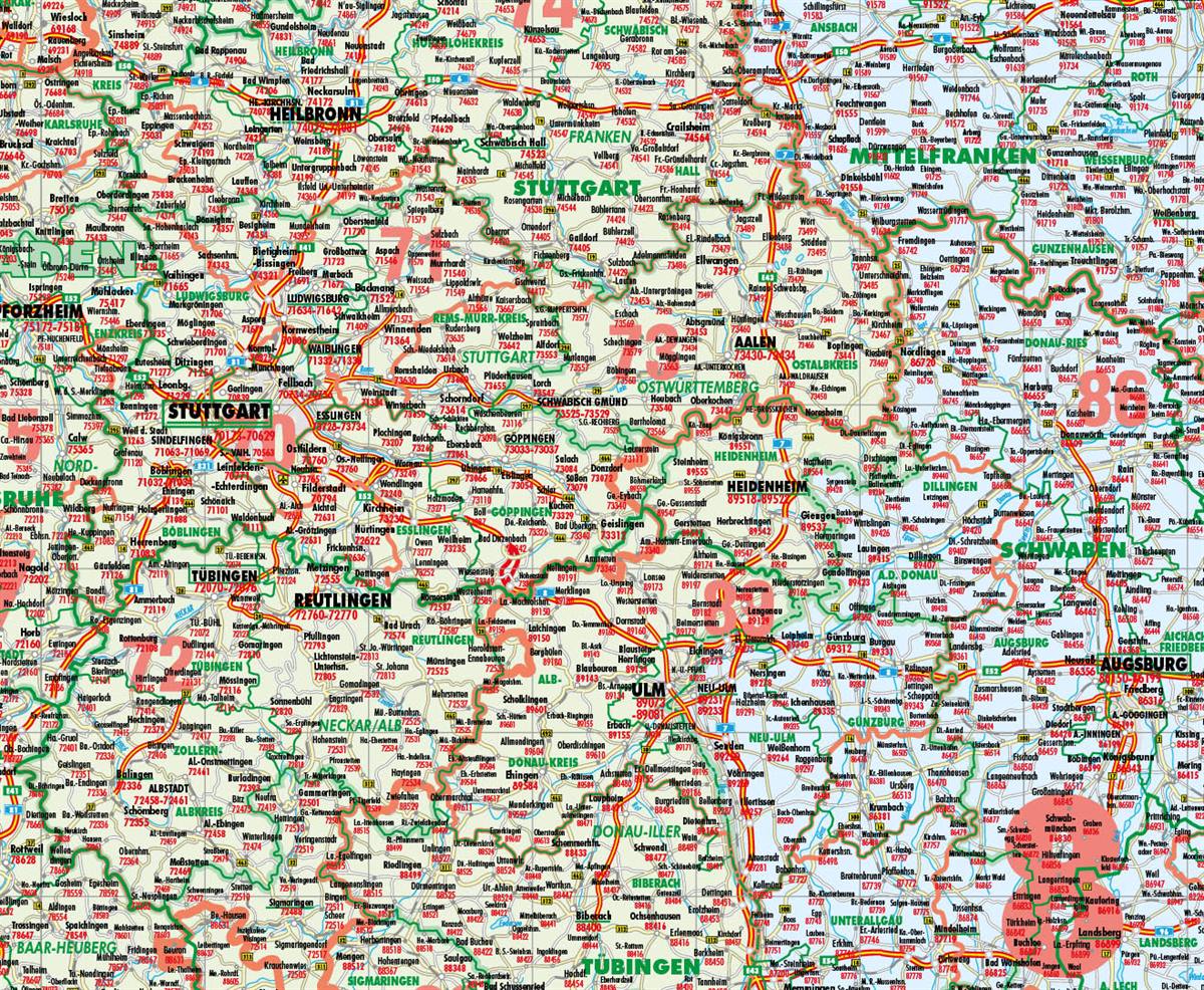 Ausschnitt einer kombinierten Karte mit grünen Verwaltungsgrenzen und roten Postleitzahlengrenzen samt fünfstelligen Postleitzahlen im Raum Stuttgart–Augsburg
