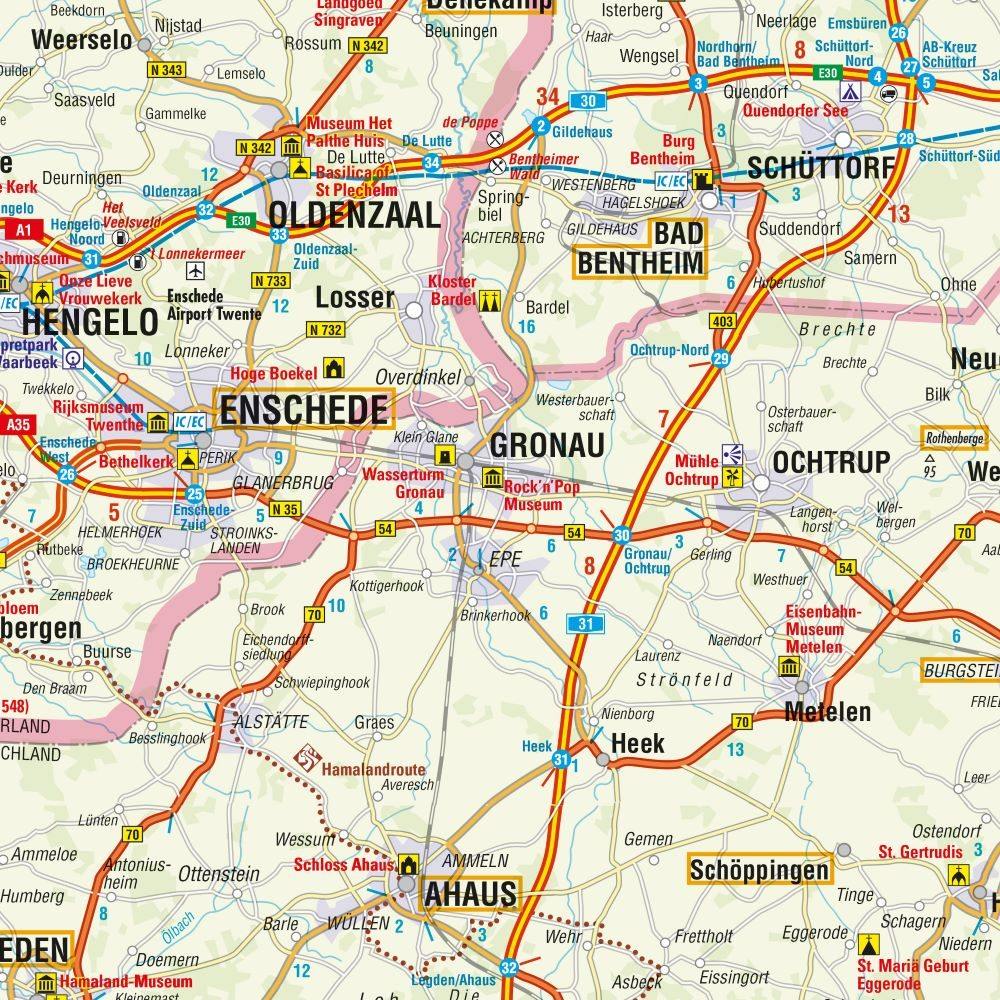 Ausschnitt einer Straßenkarte im deutsch-niederländischen Grenzraum um Gronau, Enschede und Ahaus mit Autobahnen, Bundesstraßen und Ortsdurchfahrten