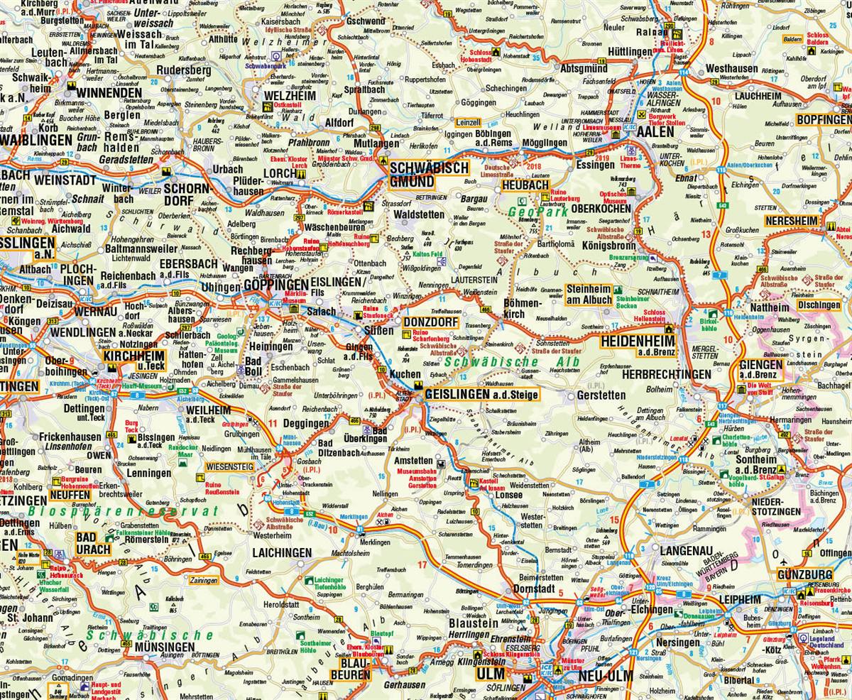 Ausschnitt einer Straßenkarte im Raum Schwäbisch Gmünd–Ulm mit Autobahnen, Bundesstraßen, Ortsdurchfahrten, Relief und touristischen Symbolen