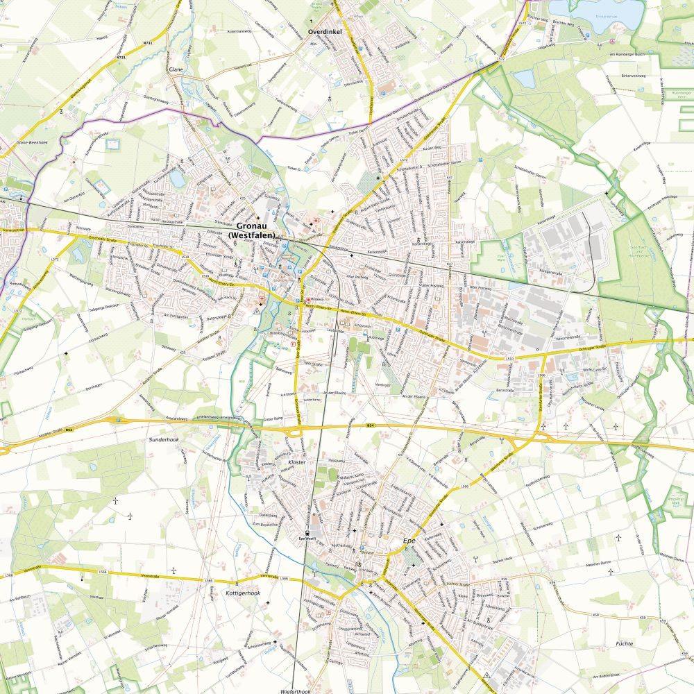 Ausschnitt einer topografischen Karte des Raums Gronau und Epe mit einzelnen Gebäuden, Straßennamen, Gewässern, Waldflächen und Gewerbegebieten