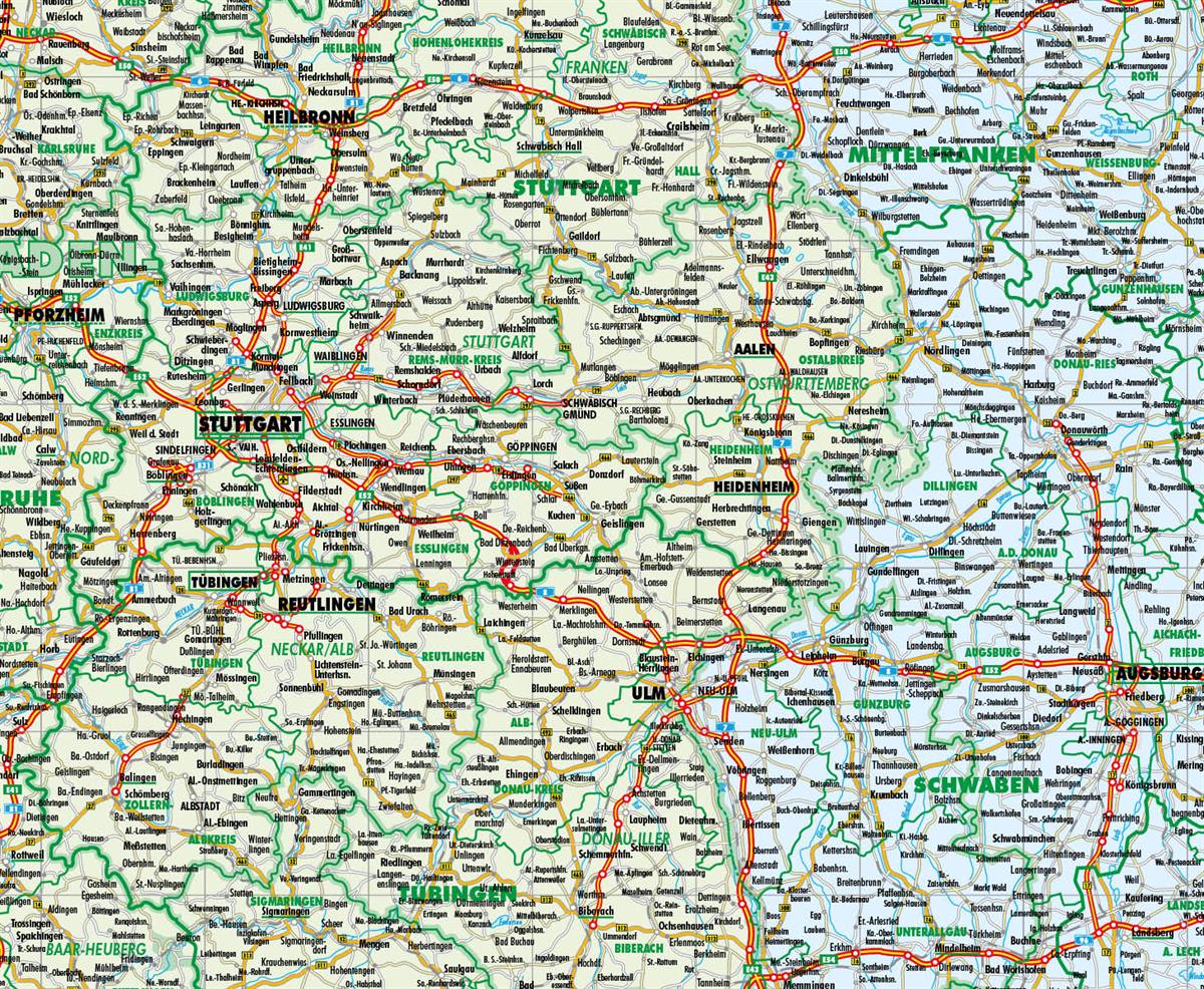 Ausschnitt einer Verwaltungskarte in Baden-Württemberg und Bayern mit Landesgrenzen, Regierungsbezirken, Landkreisen und Gemeinden